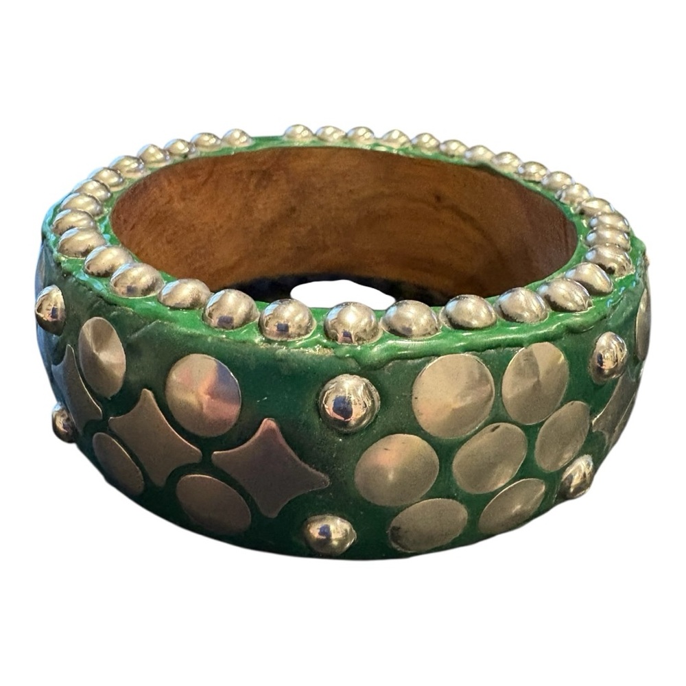 Antika Collection Green Enamel Silver Studded - Artisan Statement Bangle JB6